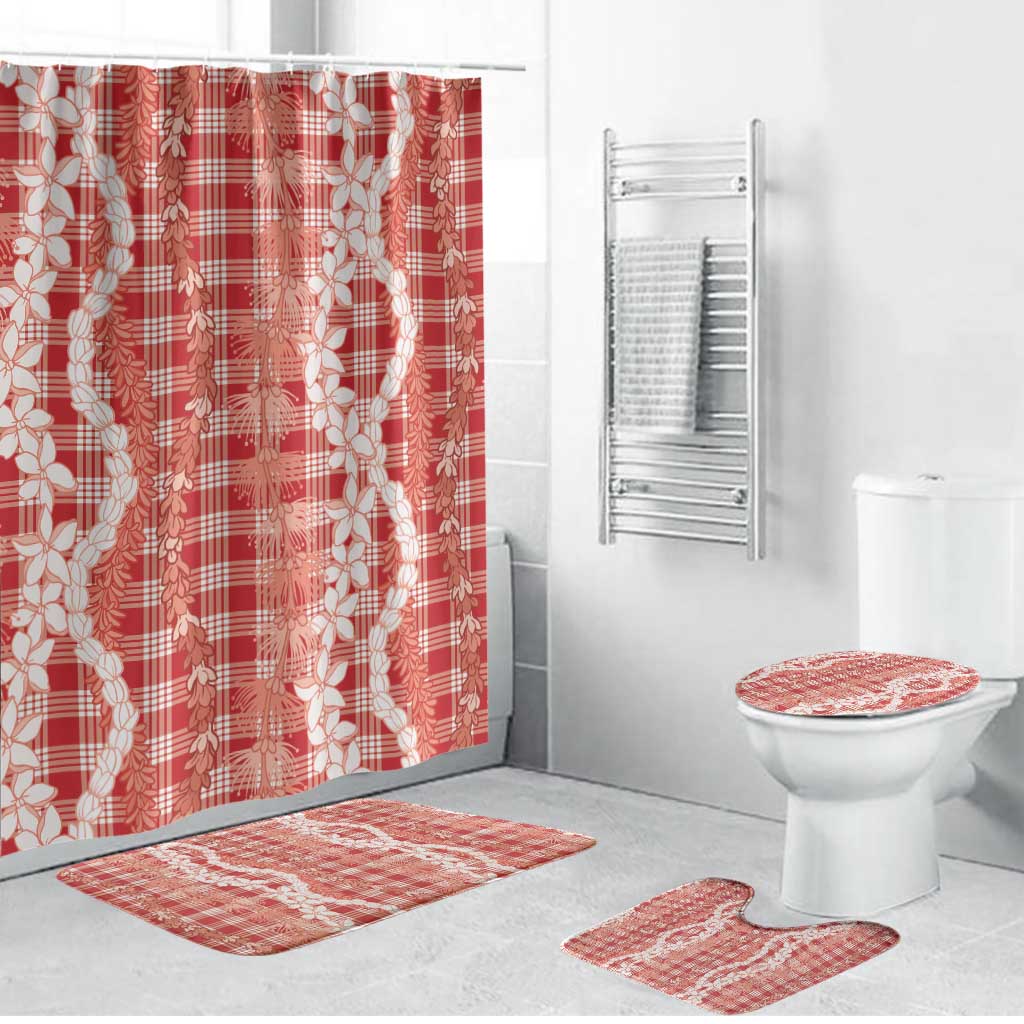 Hawaiian Ohia Lehua Lei Bathroom Set Plaid Palaka Ulaula Pattern LT9 Bathroom Set (4 pcs) Red - Polynesian Pride