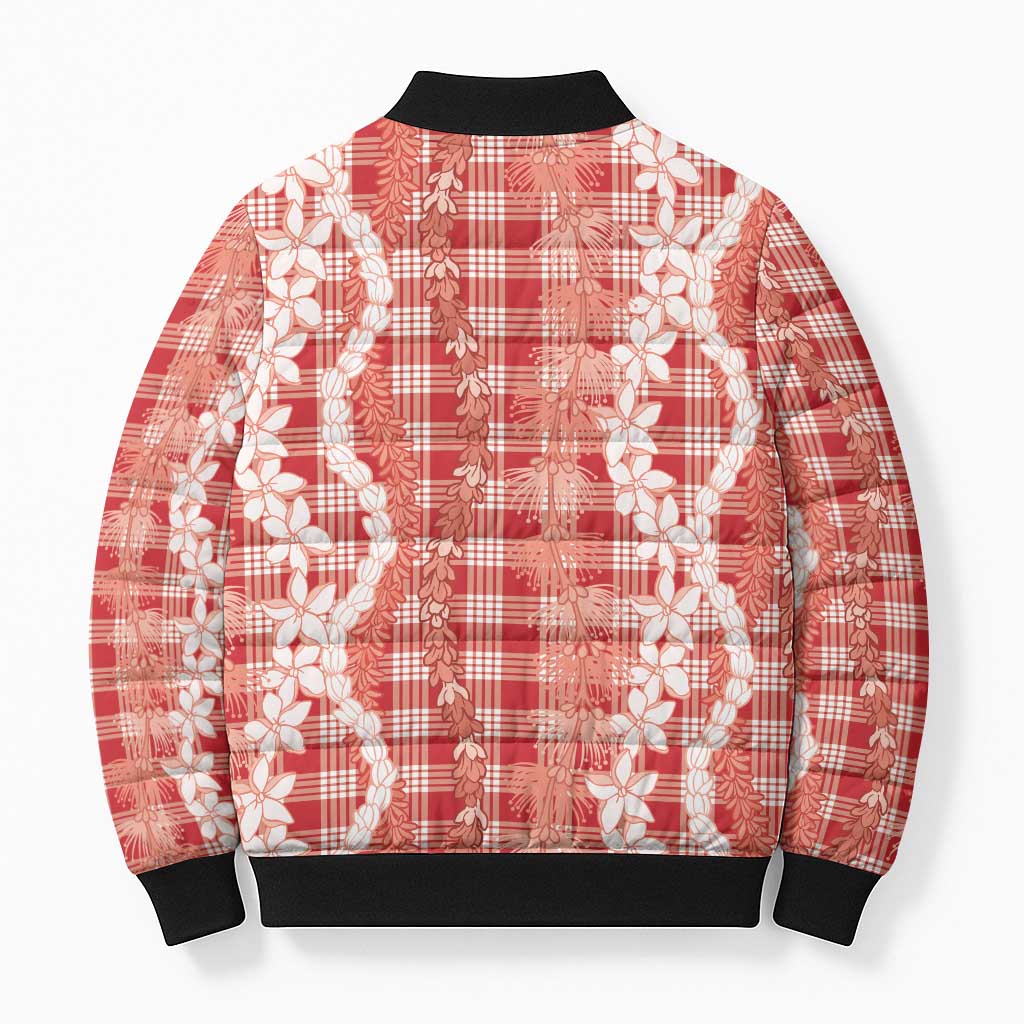 Hawaiian Ohia Lehua Lei Bomber Puffer Jacket Plaid Palaka Ulaula Pattern LT9 - Polynesian Pride