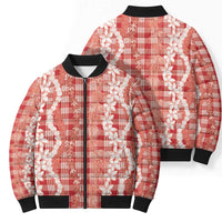 Hawaiian Ohia Lehua Lei Bomber Puffer Jacket Plaid Palaka Ulaula Pattern LT9 - Polynesian Pride