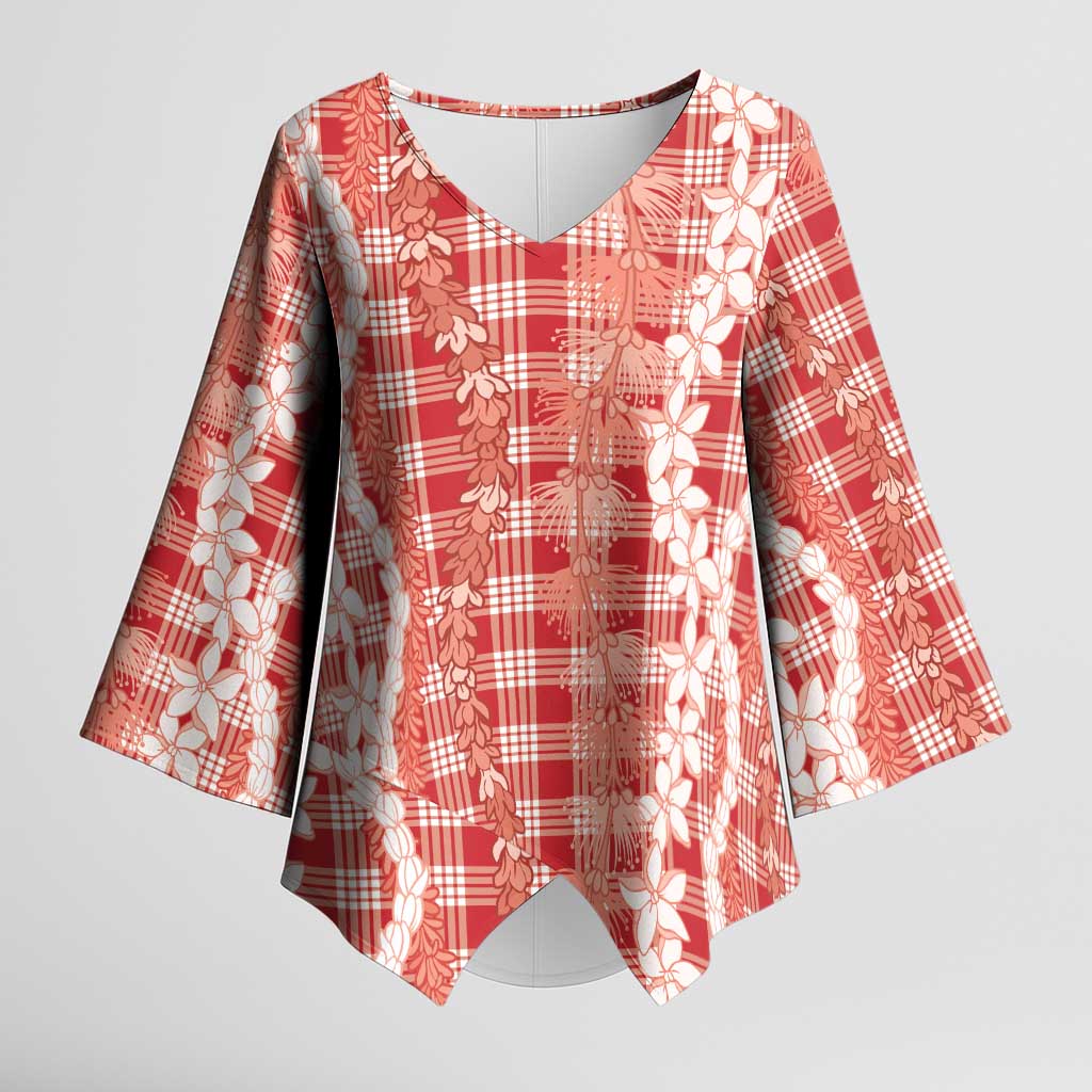 Hawaiian Ohia Lehua Lei Kimono Sleeve Blouse Plaid Palaka Ulaula Pattern LT9 Female Red - Polynesian Pride