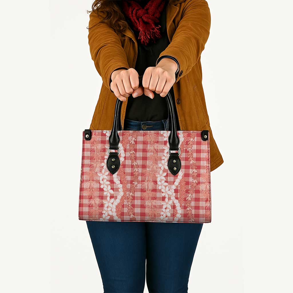 Hawaiian Ohia Lehua Lei Leather Bag Plaid Palaka Ulaula Pattern LT9 - Polynesian Pride