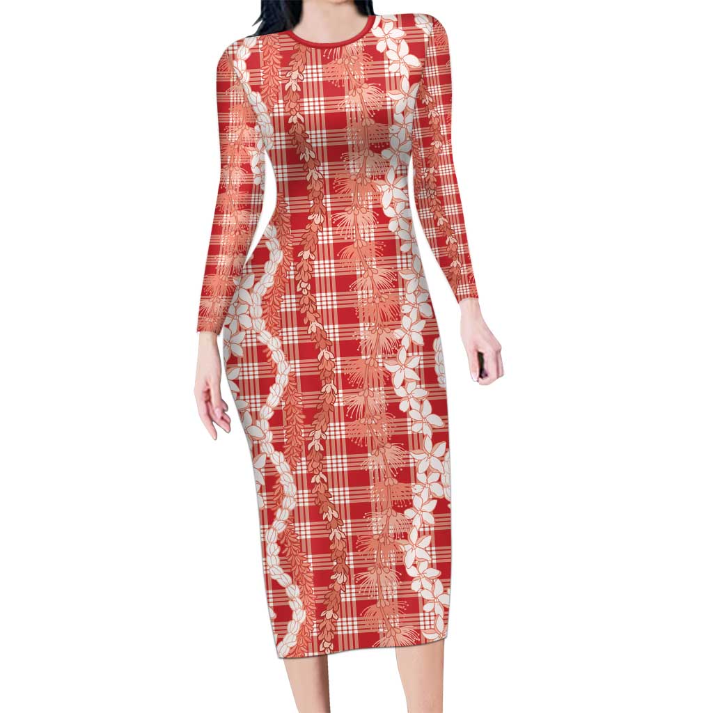 Hawaiian Ohia Lehua Lei Long Sleeve Bodycon Dress Plaid Palaka Ulaula Pattern LT9 Long Dress Red - Polynesian Pride