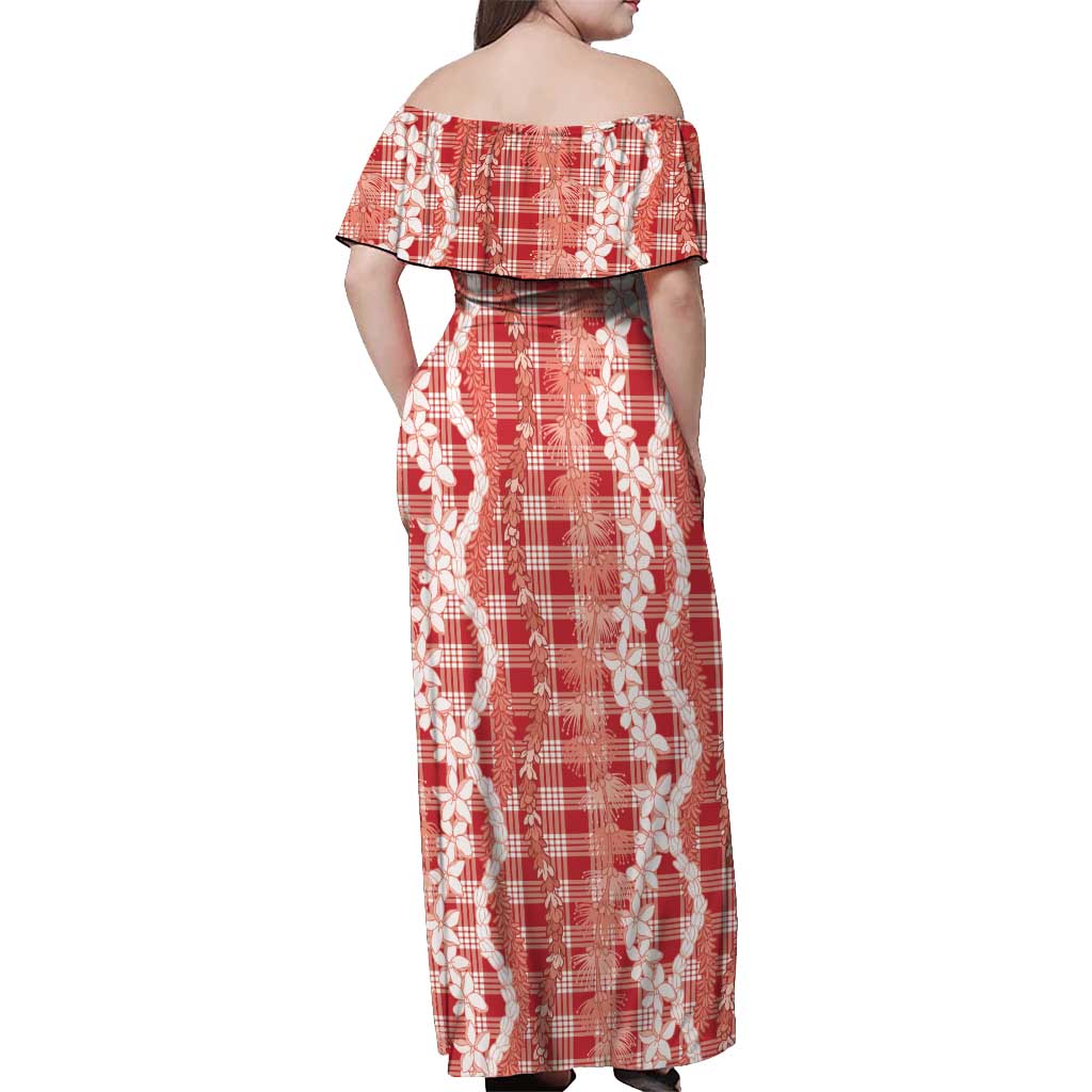 Hawaiian Ohia Lehua Lei Off Shoulder Maxi Dress Plaid Palaka Ulaula Pattern LT9 - Polynesian Pride