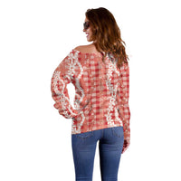 Hawaiian Ohia Lehua Lei Off Shoulder Sweater Plaid Palaka Ulaula Pattern LT9 - Polynesian Pride