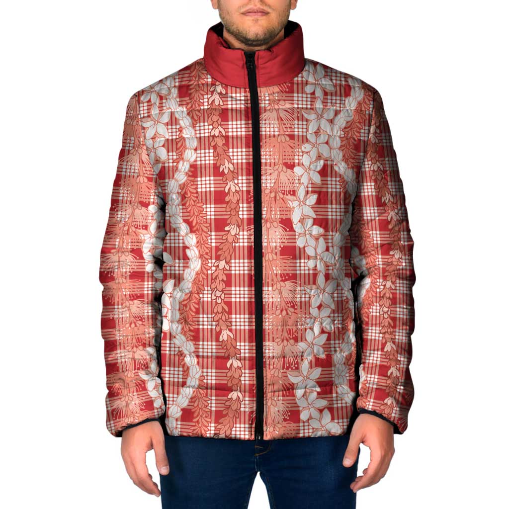 Hawaiian Ohia Lehua Lei Padded Jacket Plaid Palaka Ulaula Pattern LT9 Men Red - Polynesian Pride