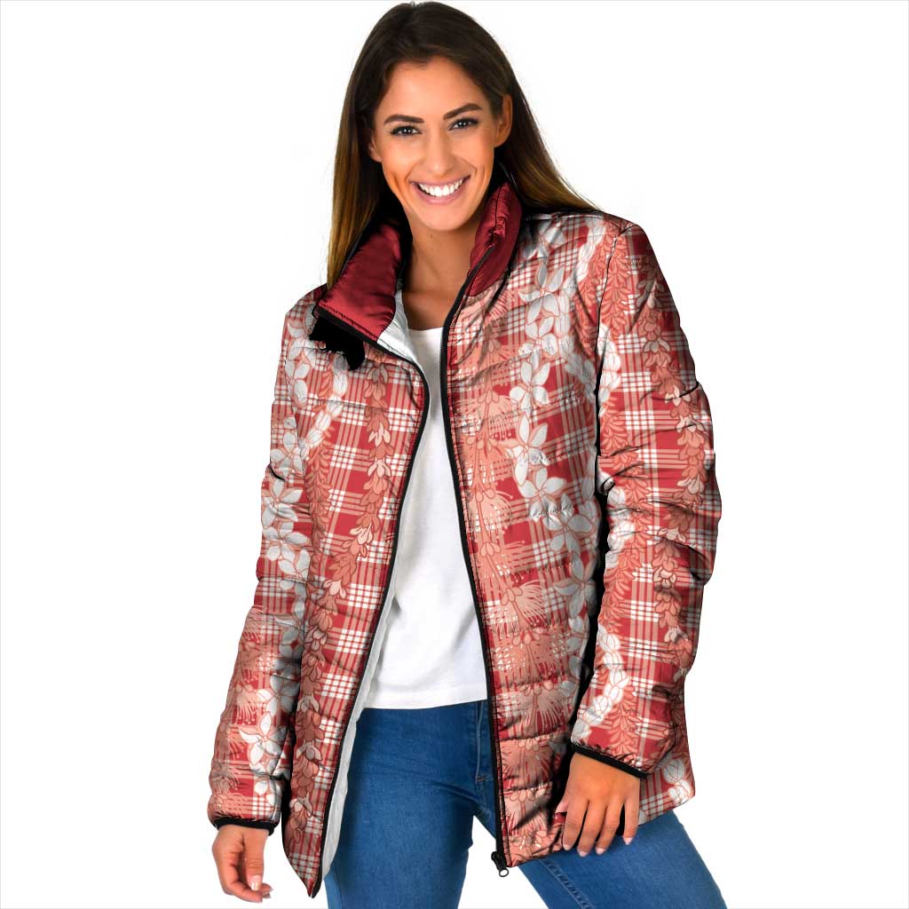 Hawaiian Ohia Lehua Lei Padded Jacket Plaid Palaka Ulaula Pattern LT9 Women Red - Polynesian Pride
