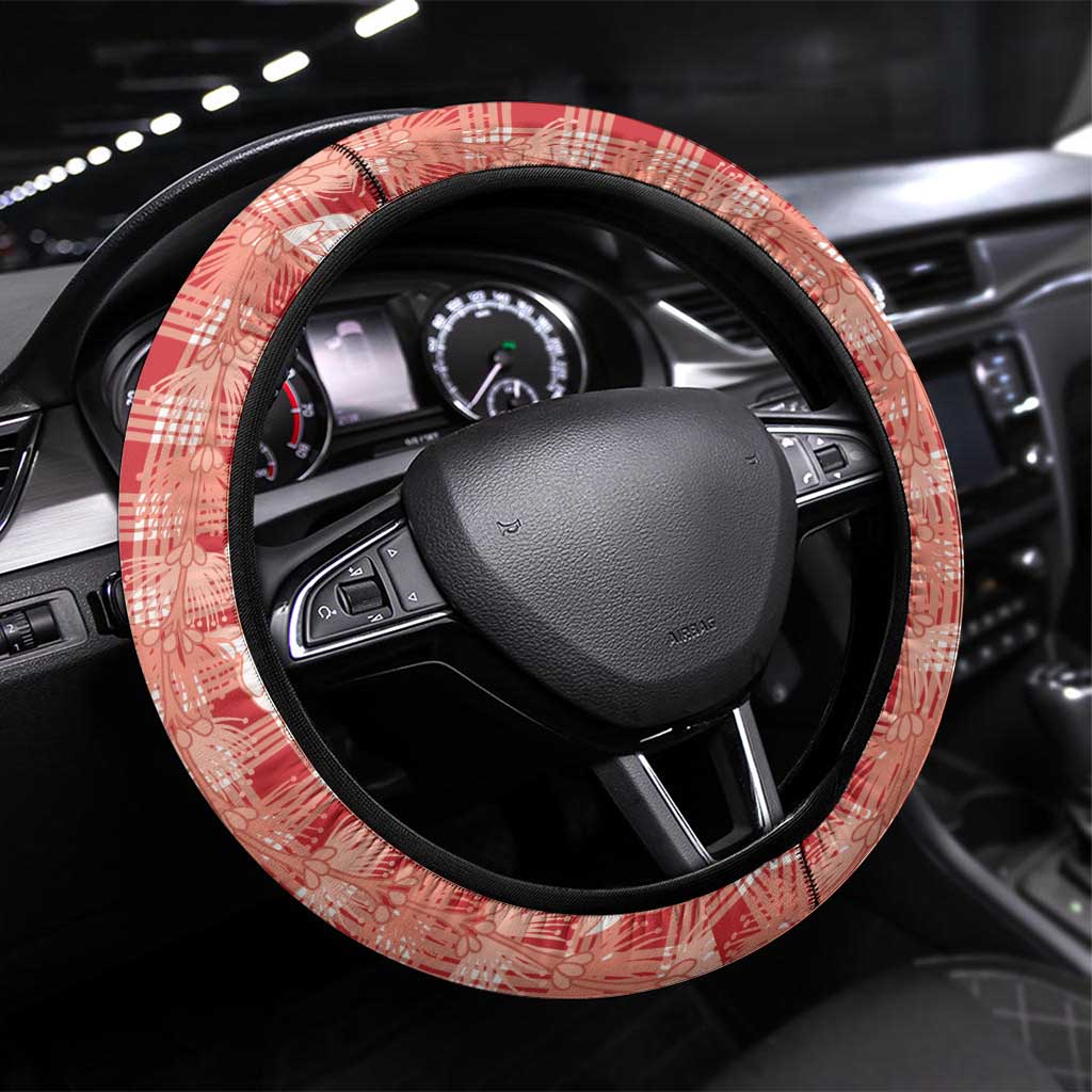 Hawaiian Ohia Lehua Lei Steering Wheel Cover Plaid Palaka Ulaula Pattern LT9 Universal Fit Red - Polynesian Pride