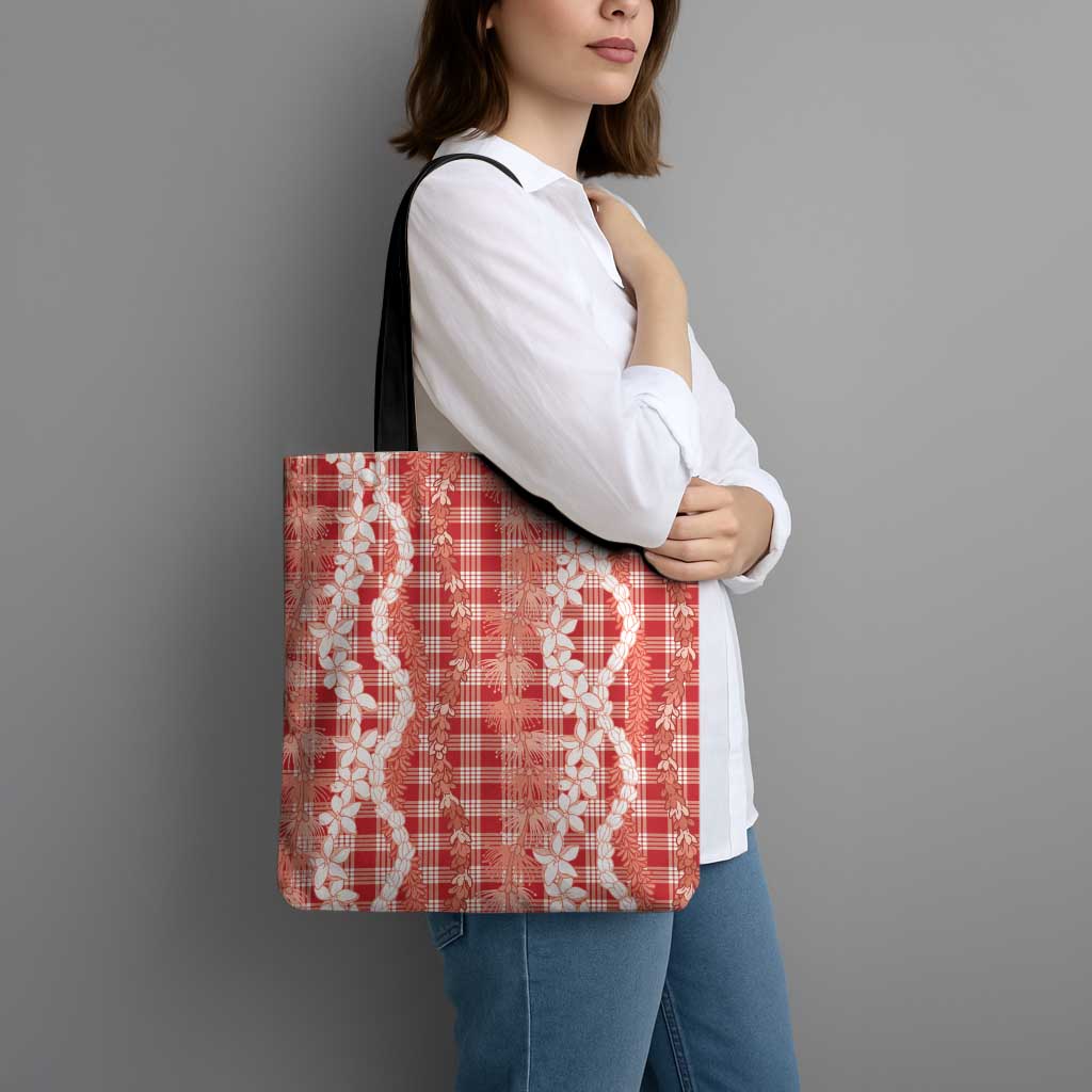 Hawaiian Ohia Lehua Lei Tote Bag Plaid Palaka Ulaula Pattern LT9 - Polynesian Pride