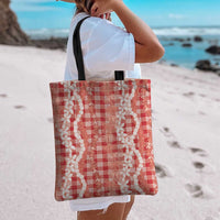 Hawaiian Ohia Lehua Lei Tote Bag Plaid Palaka Ulaula Pattern LT9 - Polynesian Pride