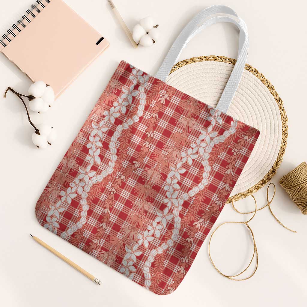 Hawaiian Ohia Lehua Lei Tote Bag Plaid Palaka Ulaula Pattern LT9 White Strap One Size Red - Polynesian Pride