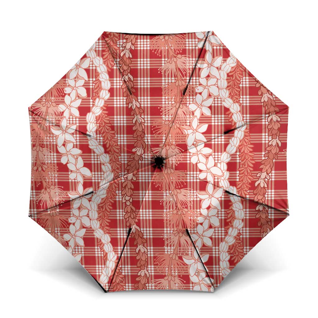 Hawaiian Ohia Lehua Lei Umbrella Plaid Palaka Ulaula Pattern LT9 One Size Folded 11.42 inch Opened Diameter 37.4 inch Red - Polynesian Pride