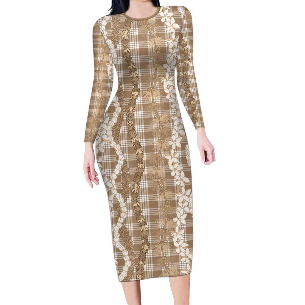 Hawaiian Ohia Lehua Lei Long Sleeve Bodycon Dress Plaid Palaka Kalaihaahaa Pattern LT9 Long Dress Tan - Polynesian Pride