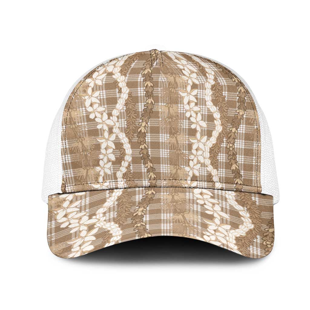 Hawaiian Ohia Lehua Lei Mesh Trucker Cap Plaid Palaka Kalaihaahaa Pattern LT9 One Size White Tan - Polynesian Pride