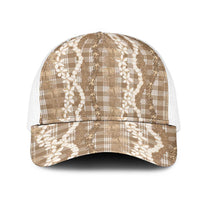 Hawaiian Ohia Lehua Lei Mesh Trucker Cap Plaid Palaka Kalaihaahaa Pattern LT9 One Size White Tan - Polynesian Pride