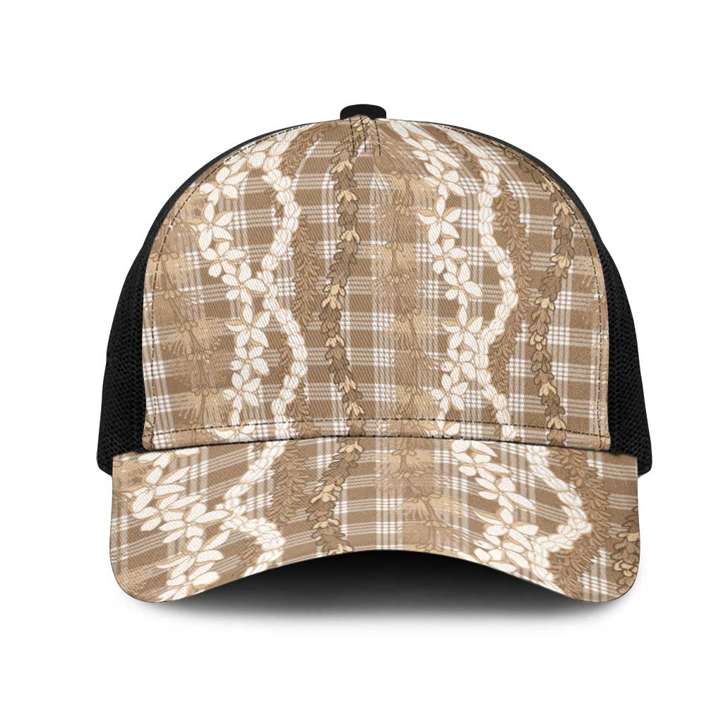 Hawaiian Ohia Lehua Lei Mesh Trucker Cap Plaid Palaka Kalaihaahaa Pattern LT9 One Size Black Tan - Polynesian Pride