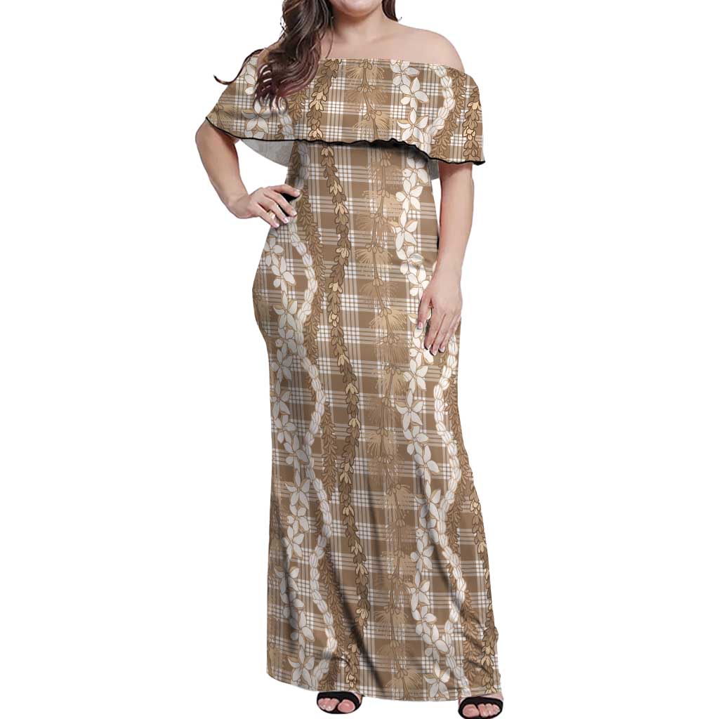 Hawaiian Ohia Lehua Lei Off Shoulder Maxi Dress Plaid Palaka Kalaihaahaa Pattern LT9 Women Tan - Polynesian Pride