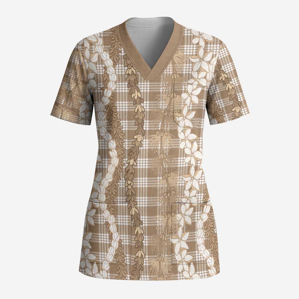 Hawaiian Ohia Lehua Lei Scrub Top Plaid Palaka Kalaihaahaa Pattern LT9 Adult Tan - Polynesian Pride