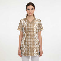 Hawaiian Ohia Lehua Lei Scrub Top Plaid Palaka Kalaihaahaa Pattern LT9 - Polynesian Pride
