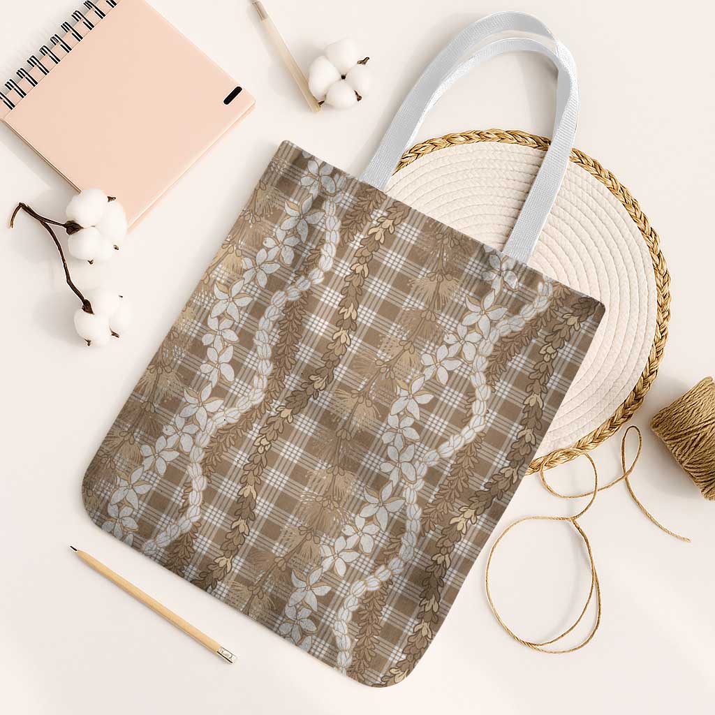 Hawaiian Ohia Lehua Lei Tote Bag Plaid Palaka Kalaihaahaa Pattern LT9 White Strap One Size Tan - Polynesian Pride
