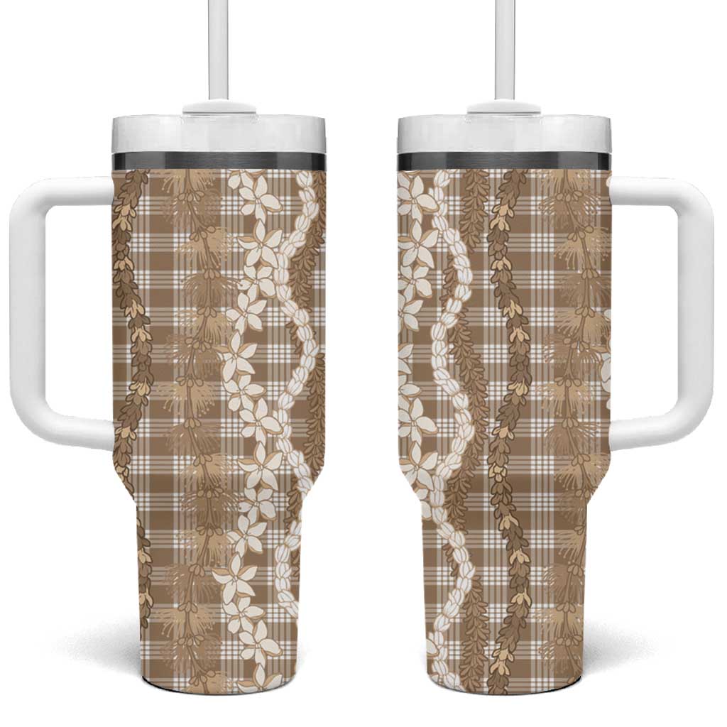 Hawaiian Ohia Lehua Lei Tumbler With Handle Plaid Palaka Kalaihaahaa Pattern LT9 One Size: 40 oz Tan - Polynesian Pride