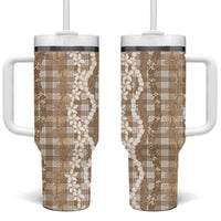 Hawaiian Ohia Lehua Lei Tumbler With Handle Plaid Palaka Kalaihaahaa Pattern LT9 One Size: 40 oz Tan - Polynesian Pride