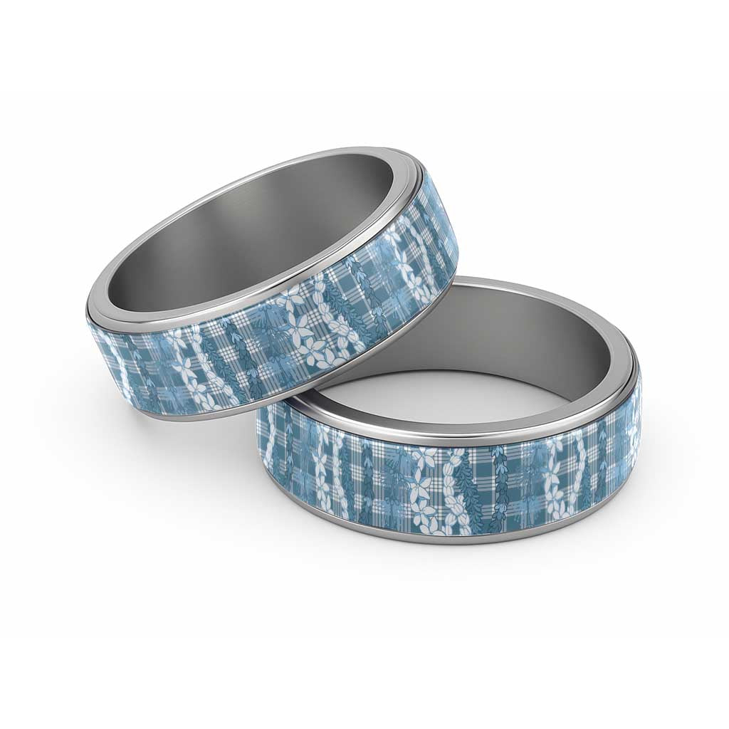 Hawaiian Ohia Lehua Lei Classic Ring Plaid Palaka Uliuli Omaomao Pattern LT9 Sliver Teal - Polynesian Pride