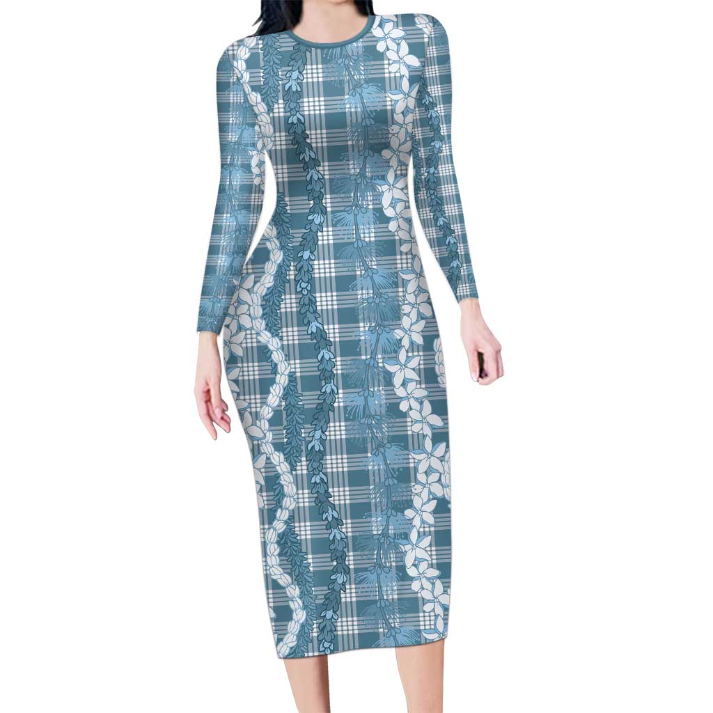 Hawaiian Ohia Lehua Lei Long Sleeve Bodycon Dress Plaid Palaka Uliuli Omaomao Pattern LT9 Long Dress Teal - Polynesian Pride