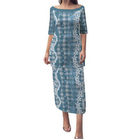 Hawaiian Ohia Lehua Lei Puletasi Plaid Palaka Uliuli Omaomao Pattern LT9 Long Dress Teal - Polynesian Pride