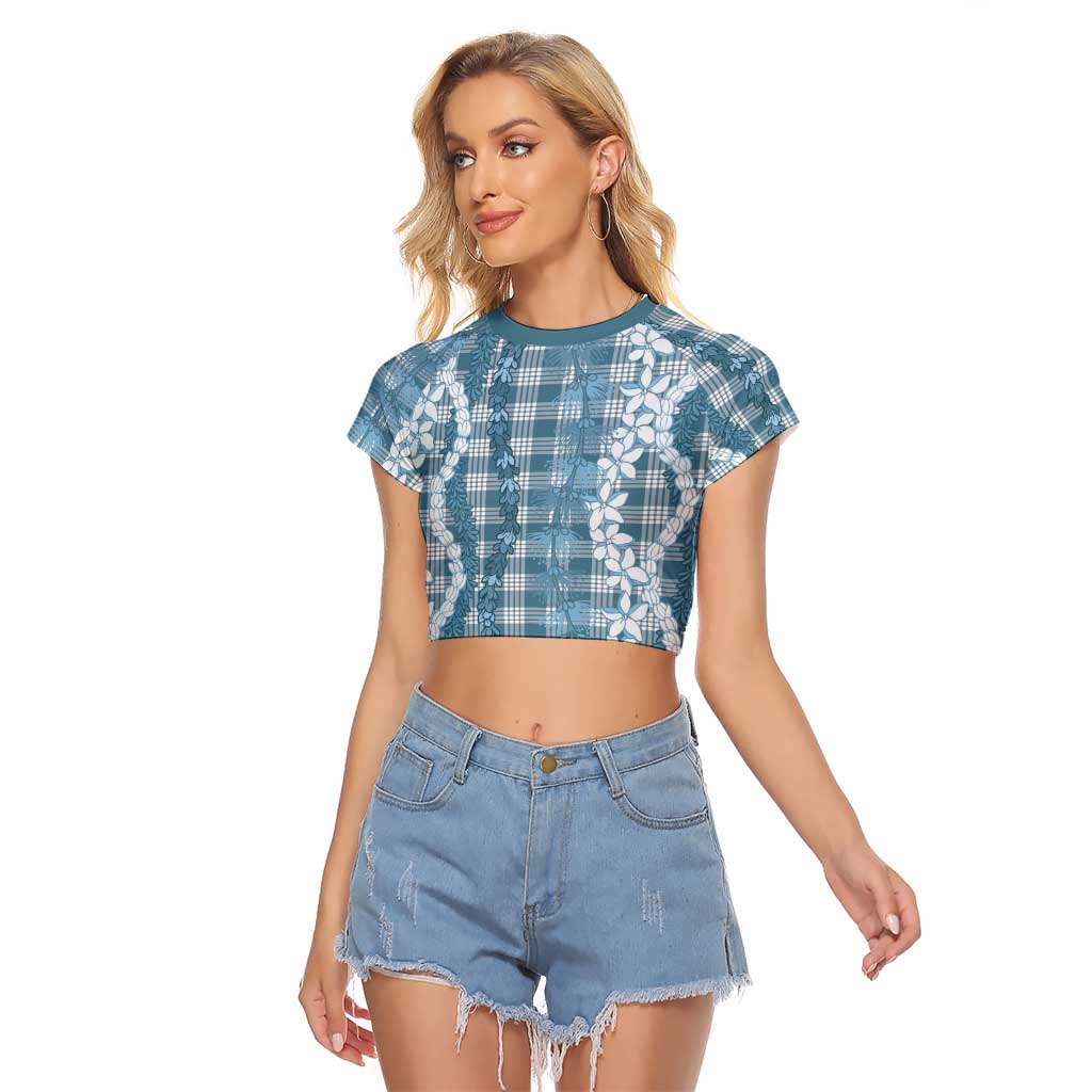 Hawaiian Ohia Lehua Lei Raglan Cropped T Shirt Plaid Palaka Uliuli Omaomao Pattern LT9 Female Teal - Polynesian Pride
