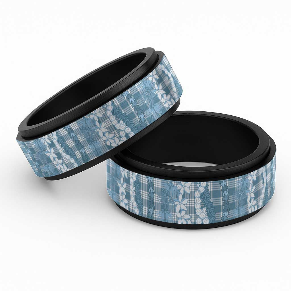 Hawaiian Ohia Lehua Lei Spinner Ring Plaid Palaka Uliuli Omaomao Pattern LT9 Black Teal - Polynesian Pride