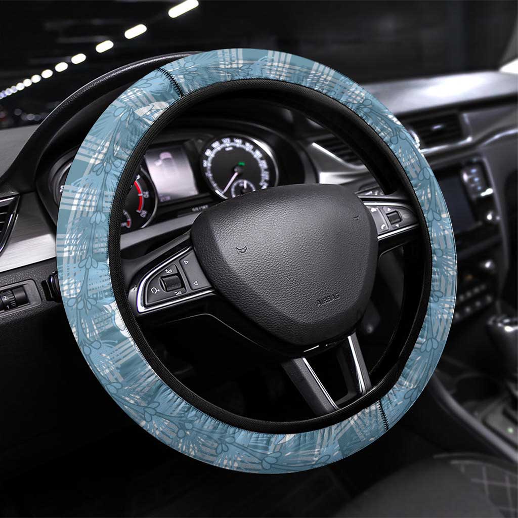 Hawaiian Ohia Lehua Lei Steering Wheel Cover Plaid Palaka Uliuli Omaomao Pattern LT9 Universal Fit Teal - Polynesian Pride