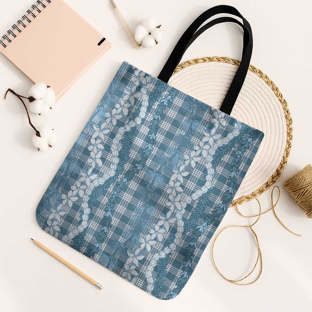 Hawaiian Ohia Lehua Lei Tote Bag Plaid Palaka Uliuli Omaomao Pattern LT9 Black Strap One Size Teal - Polynesian Pride
