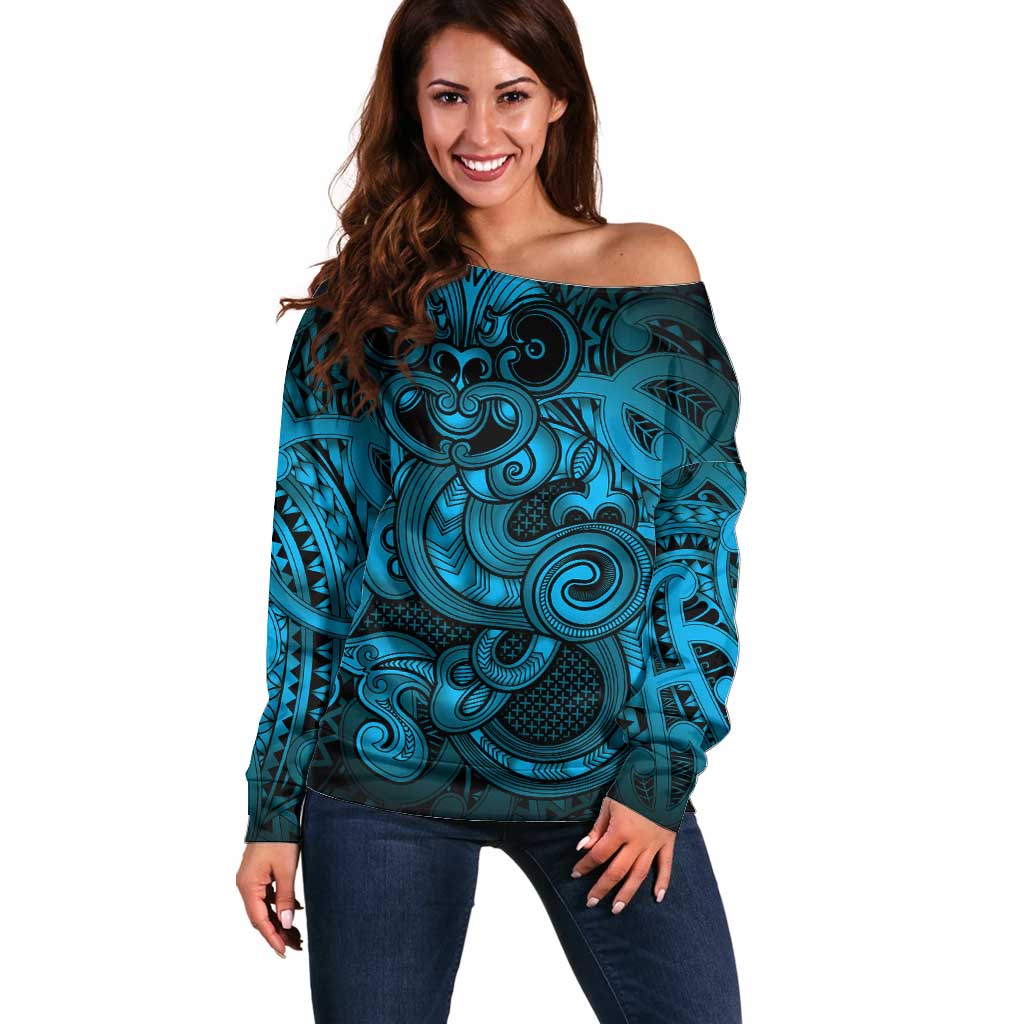 Aotearoa Maori Hei Tiki Off Shoulder Sweater Kikorangi Kowhaiwhai Puhoro Motif LT9 Women Blue - Polynesian Pride