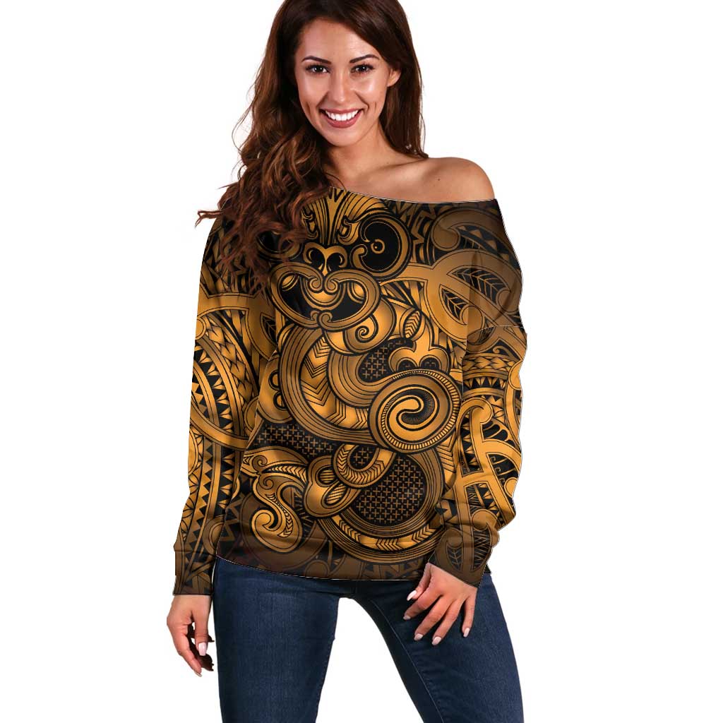 Aotearoa Maori Hei Tiki Off Shoulder Sweater Koura Kowhaiwhai Puhoro Motif LT9 Women Gold - Polynesian Pride