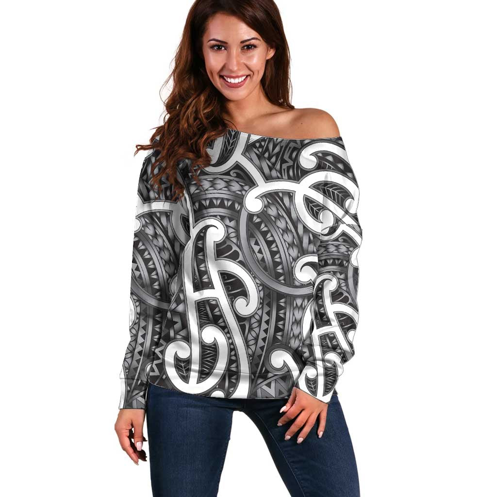 Aotearoa Maori Kowhaiwhai Off Shoulder Sweater Kiwikiwi Puhoro and Patiki LT9 Women Grey - Polynesian Pride
