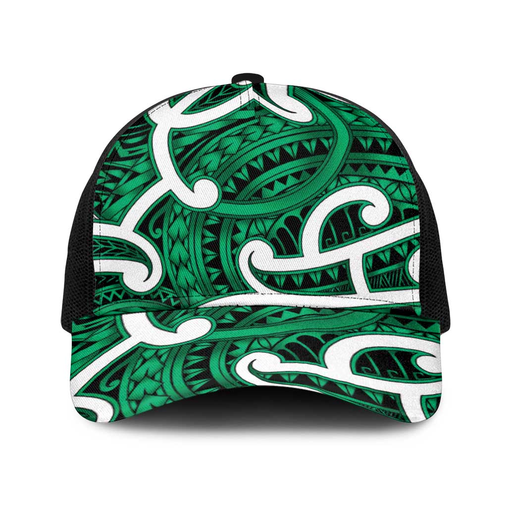 Aotearoa Maori Kowhaiwhai Baseball Net Cap Kakariki Puhoro and Patiki LT9 One Size Black Green - Polynesian Pride