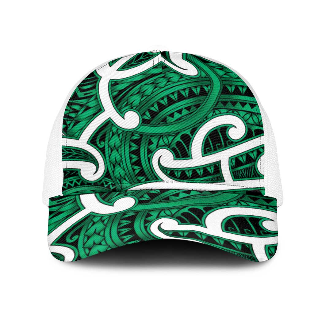 Aotearoa Maori Kowhaiwhai Mesh Trucker Cap Kakariki Puhoro and Patiki LT9 One Size White Green - Polynesian Pride