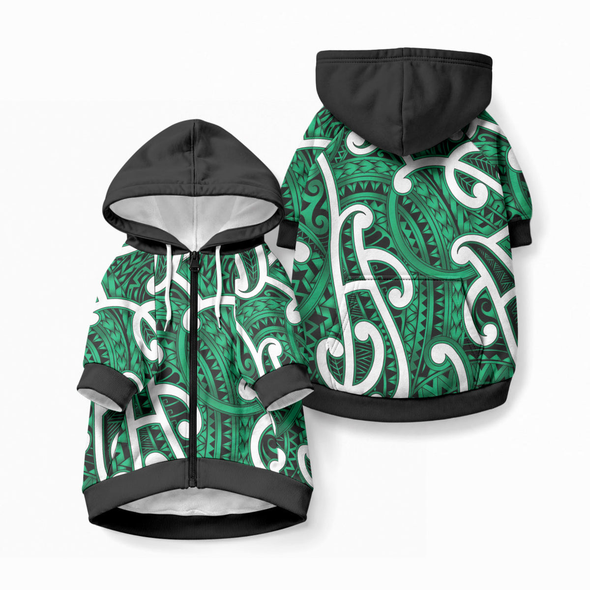 Aotearoa Maori Kowhaiwhai Pet Hoodie Kakariki Puhoro and Patiki LT9 Zip-up Green - Polynesian Pride