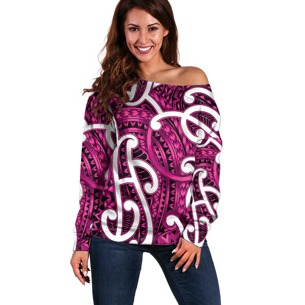 Aotearoa Maori Kowhaiwhai Off Shoulder Sweater Mawhero Puhoro and Patiki LT9 Women Pink - Polynesian Pride