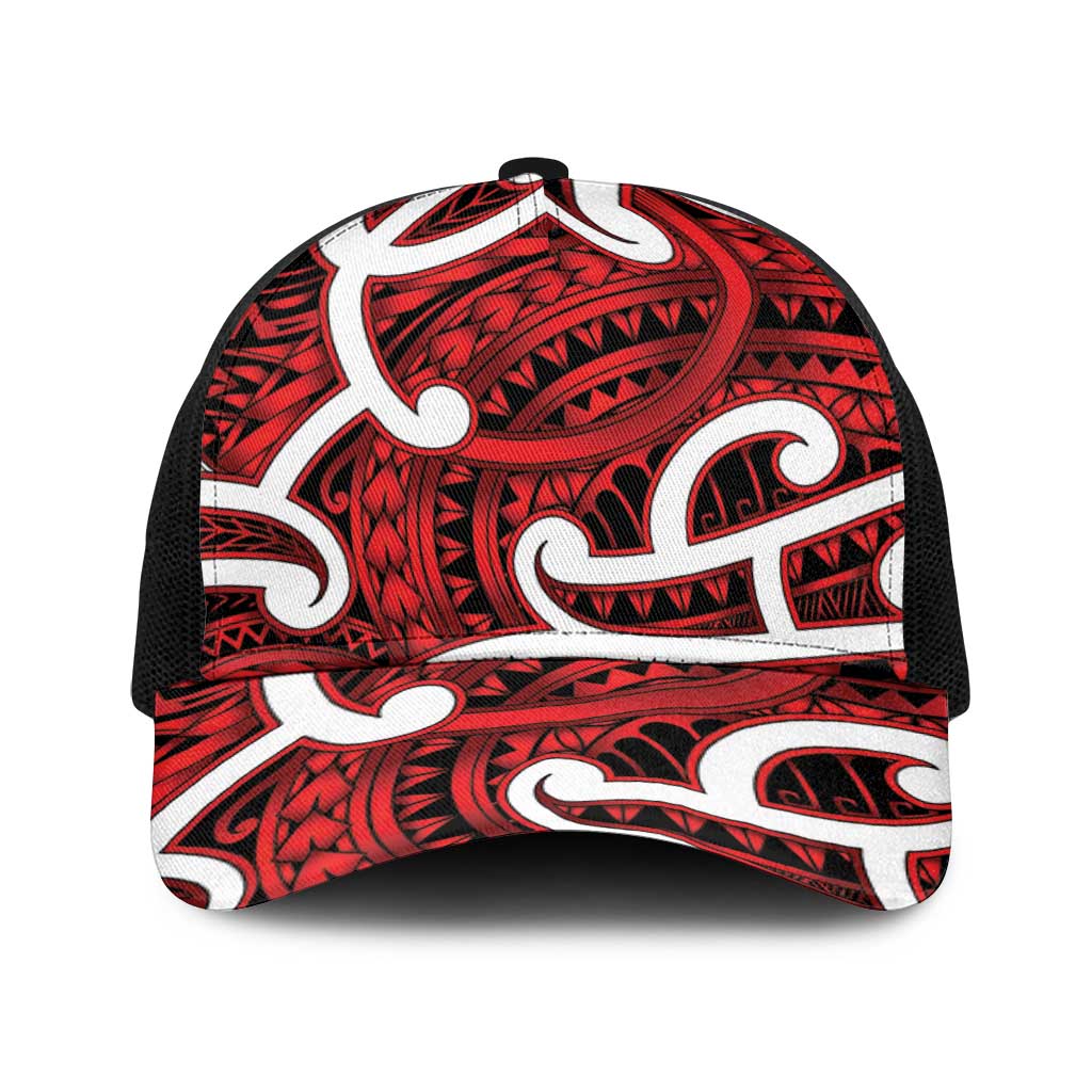 Aotearoa Maori Kowhaiwhai Baseball Net Cap Whero Puhoro and Patiki LT9 One Size Black Red - Polynesian Pride