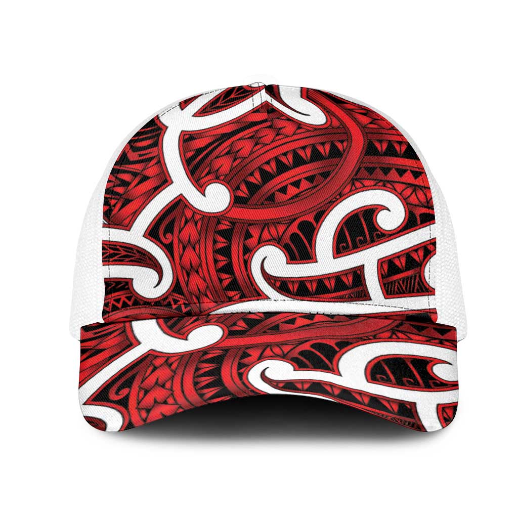 Aotearoa Maori Kowhaiwhai Mesh Trucker Cap Whero Puhoro and Patiki LT9 One Size White Red - Polynesian Pride