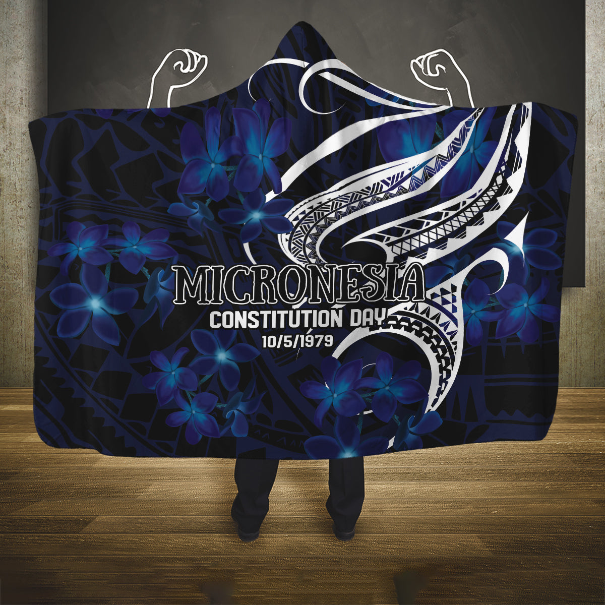 Micronesia Constitution Day Hooded Blanket Since 1979 with Polynesian Hibiscus Pattern LT9 One Size Blue - Polynesian Pride