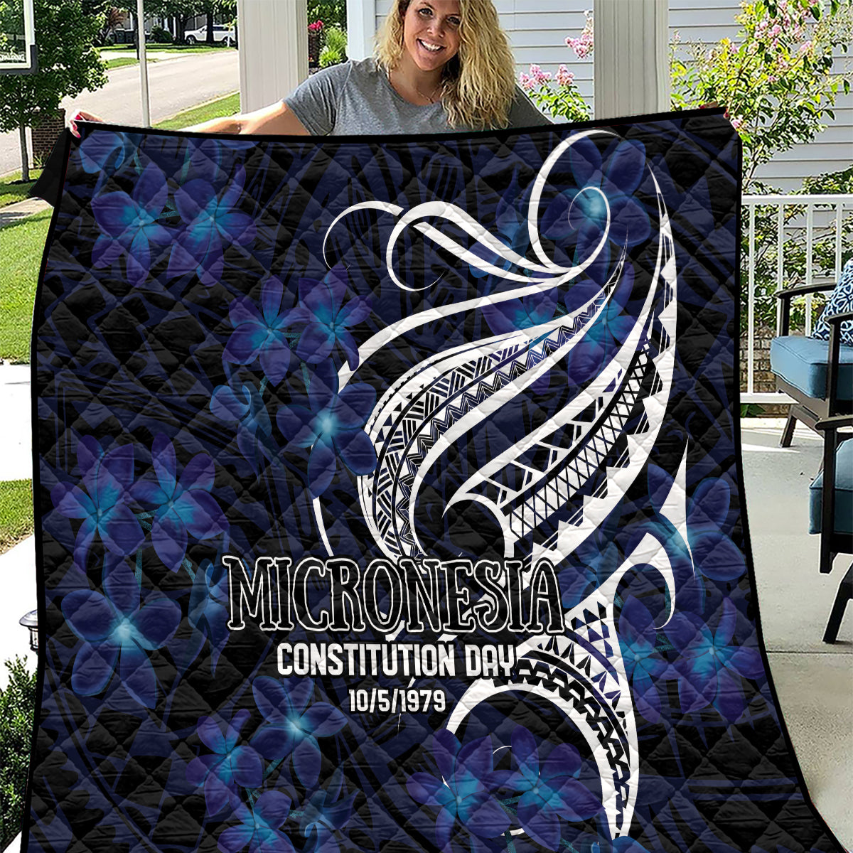 Micronesia Constitution Day Quilt Since 1979 with Polynesian Hibiscus Pattern LT9 Blue - Polynesian Pride