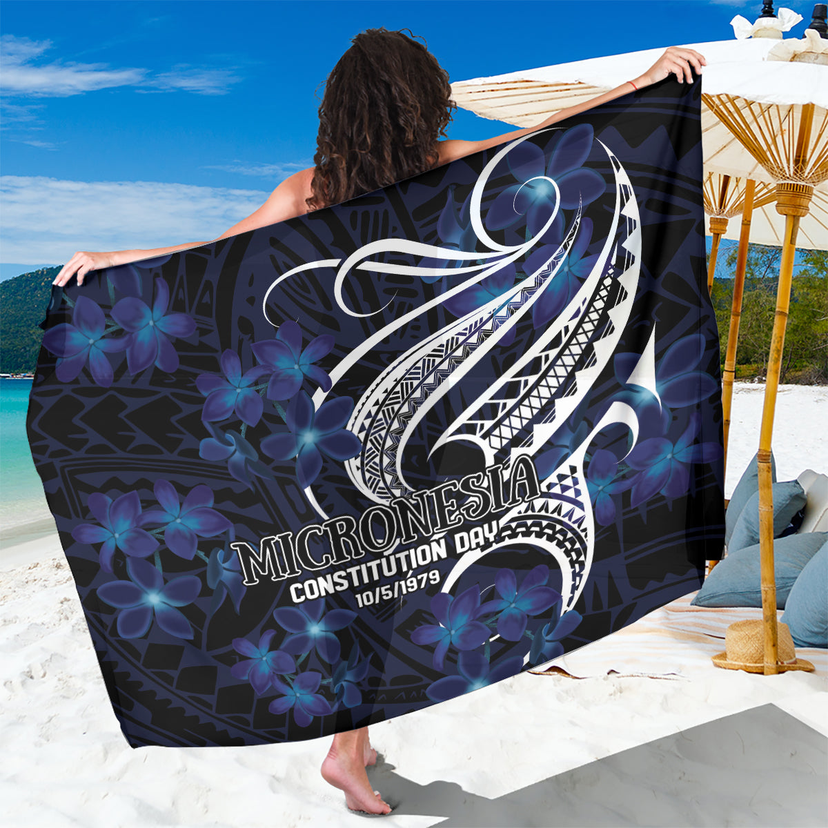Micronesia Constitution Day Sarong Since 1979 with Polynesian Hibiscus Pattern LT9 One Size 44 x 66 inches Blue - Polynesian Pride