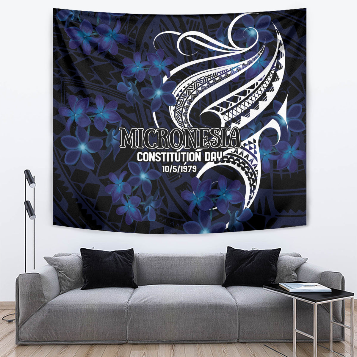 Micronesia Constitution Day Tapestry Since 1979 with Polynesian Hibiscus Pattern LT9 Blue - Polynesian Pride