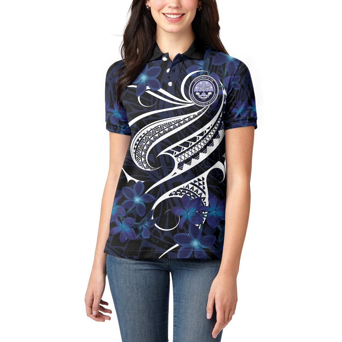 Micronesia Constitution Day Women Polo Shirt Since 1979 with Polynesian Hibiscus Pattern LT9 - Polynesian Pride