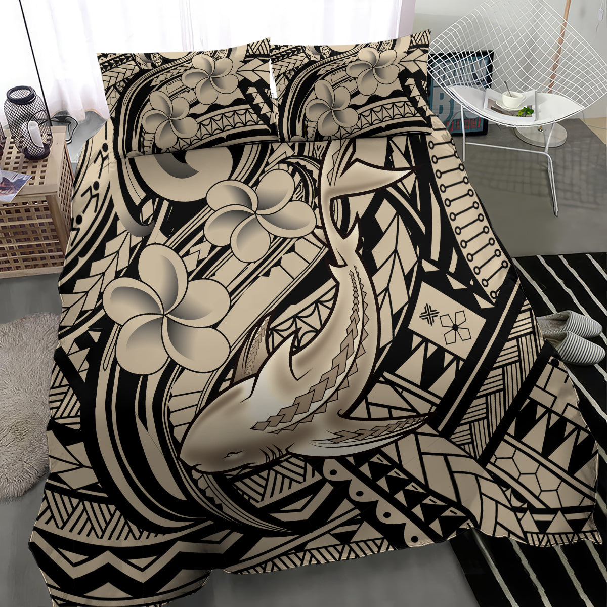 Polynesian Shark Tribal Tattoo Bedding Set Beige Style LT9 - Polynesian Pride