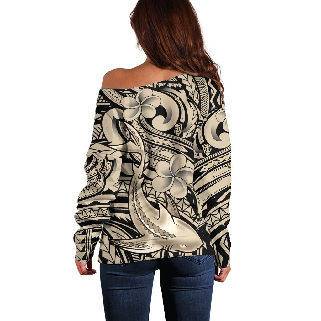 Polynesian Shark Tribal Tattoo Off Shoulder Sweater Beige Style LT9 - Polynesian Pride