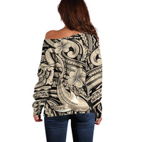 Polynesian Shark Tribal Tattoo Off Shoulder Sweater Beige Style LT9 - Polynesian Pride
