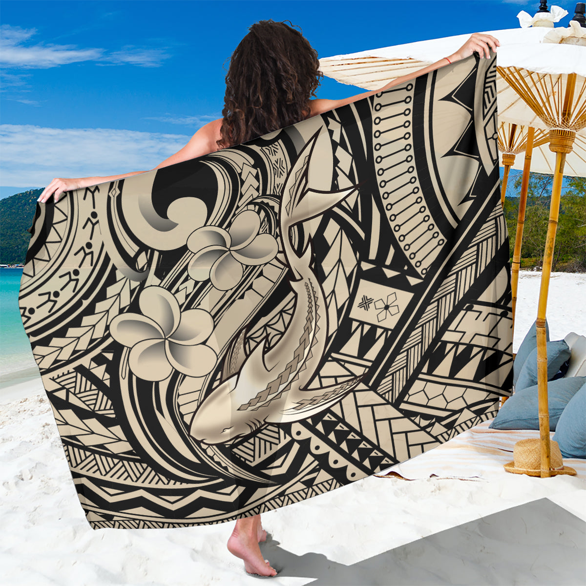 Polynesian Shark Tribal Tattoo Sarong Beige Style LT9 One Size 44 x 66 inches Beige - Polynesian Pride